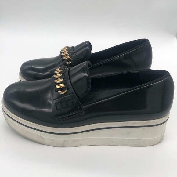 Authentic Stella McCartney Black Gloss Platform Loafers Gold Chain Accent ⛓️🖤💛 - Picture 5 of 16